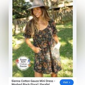 Natural Life Sienna  Floral Cotton Gauze Mini Dress Front Tie Black Size M NWT